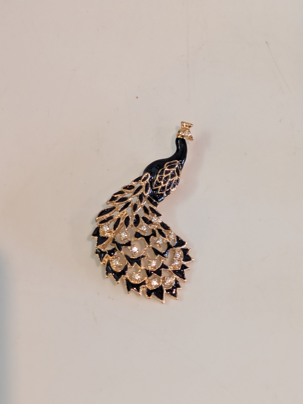 Vintage Black and Gold Peacock Enamel Brooch With Clear Rhinestones Signed